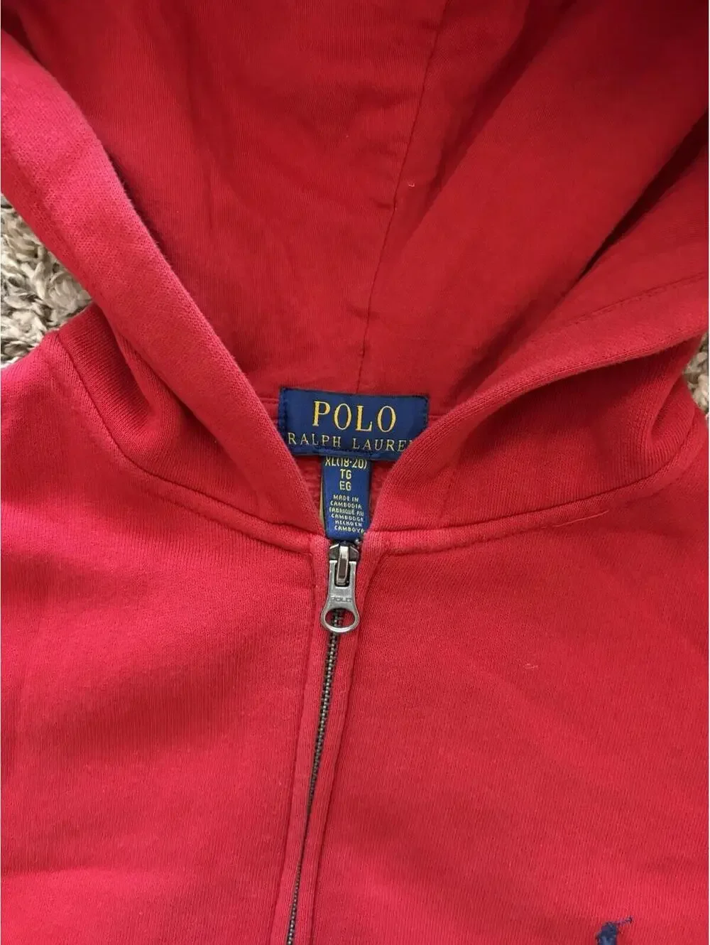 Polo Ralph Lauren Hoodie Red Full Zip Jacket Cotton Pockets Boys Size XL 18-20